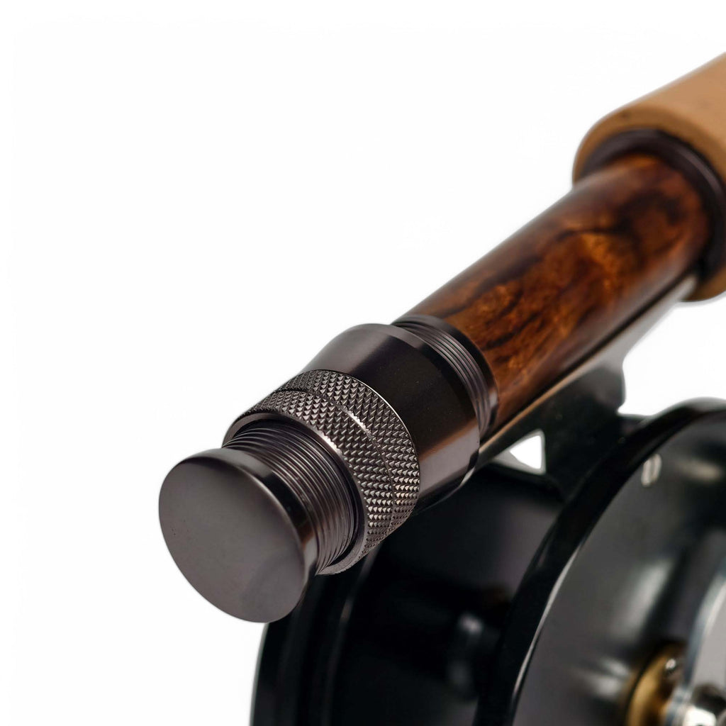 - Wooden Fly Reel Seat - Dark Grey Anodized Aluminum - Double Locking System - 20g Ultralight - Angle View | ZHUSROD