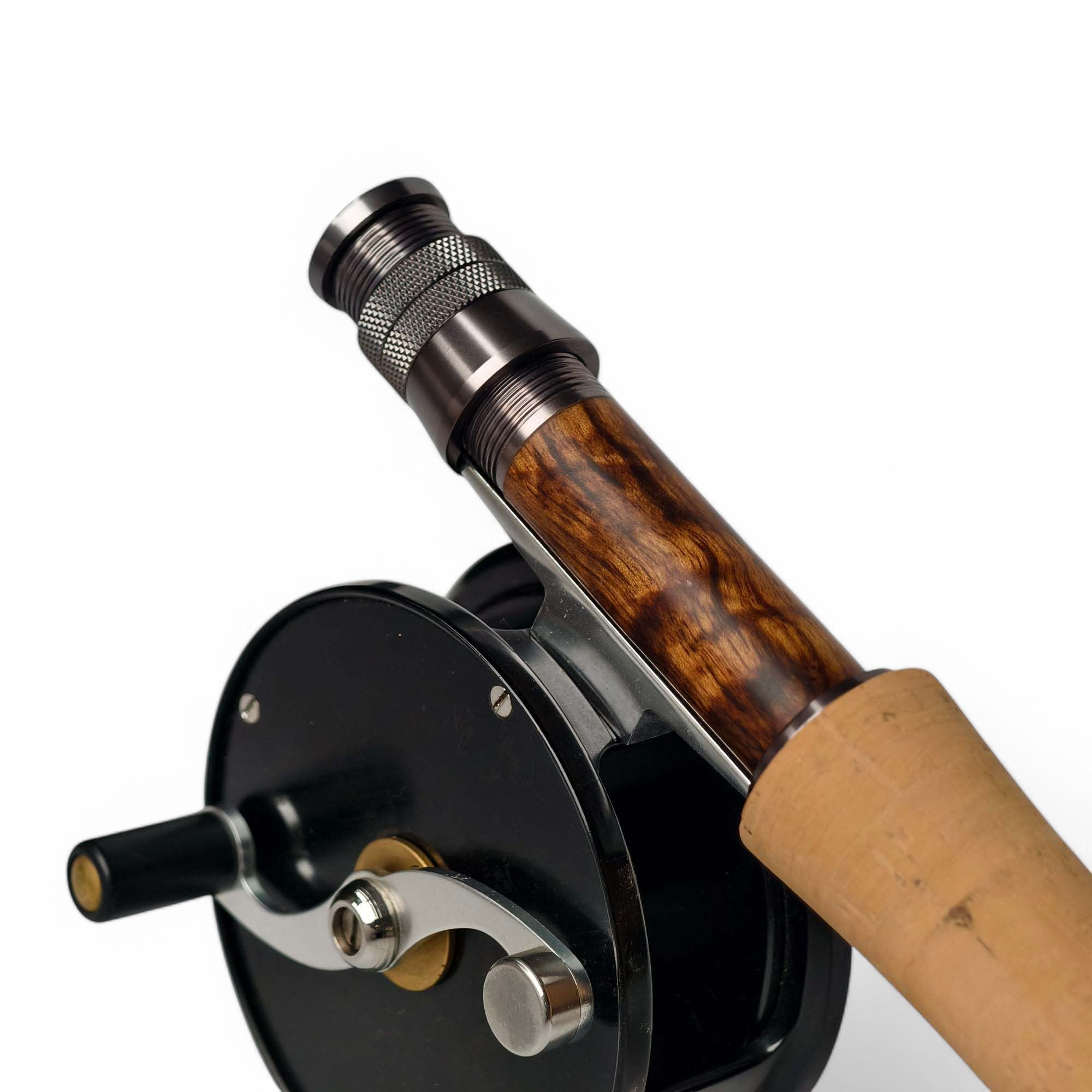 - Wooden Fly Reel Seat - Dark Grey Anodized Aluminum - Double Locking System - 20g Ultralight - Lifestyle View | ZHUSROD