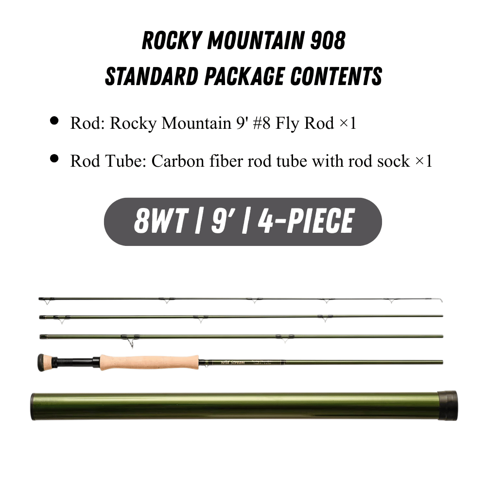 WILDSTREAM Rocky Mountain Fly Fishing Rod, 4-Piece Medium-Fast Action Fly Rod, 24T/30T Carbon Fiber Blank with PacBay Snake Guides & 3A Cork Handle (7ft-10ft, 3wt-12wt)