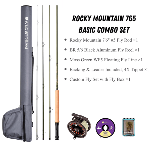 WILDSTREAM Rocky Mountain Fly Fishing Rod, 4-Piece Medium-Fast Action Fly Rod, 24T/30T Carbon Fiber Blank with PacBay Snake Guides & 3A Cork Handle (7ft-10ft, 3wt-12wt)