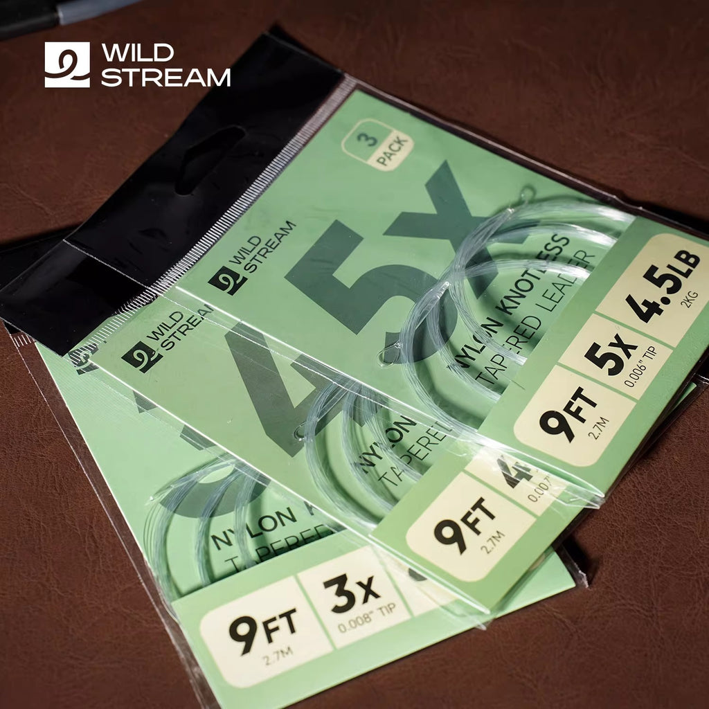 WILDSTREAM 9FT Fly Fishing Tapered Leader 3-Pack Knotless Nylon Pre-Looped 3X 4X 5X - Detail | ZHUSROD