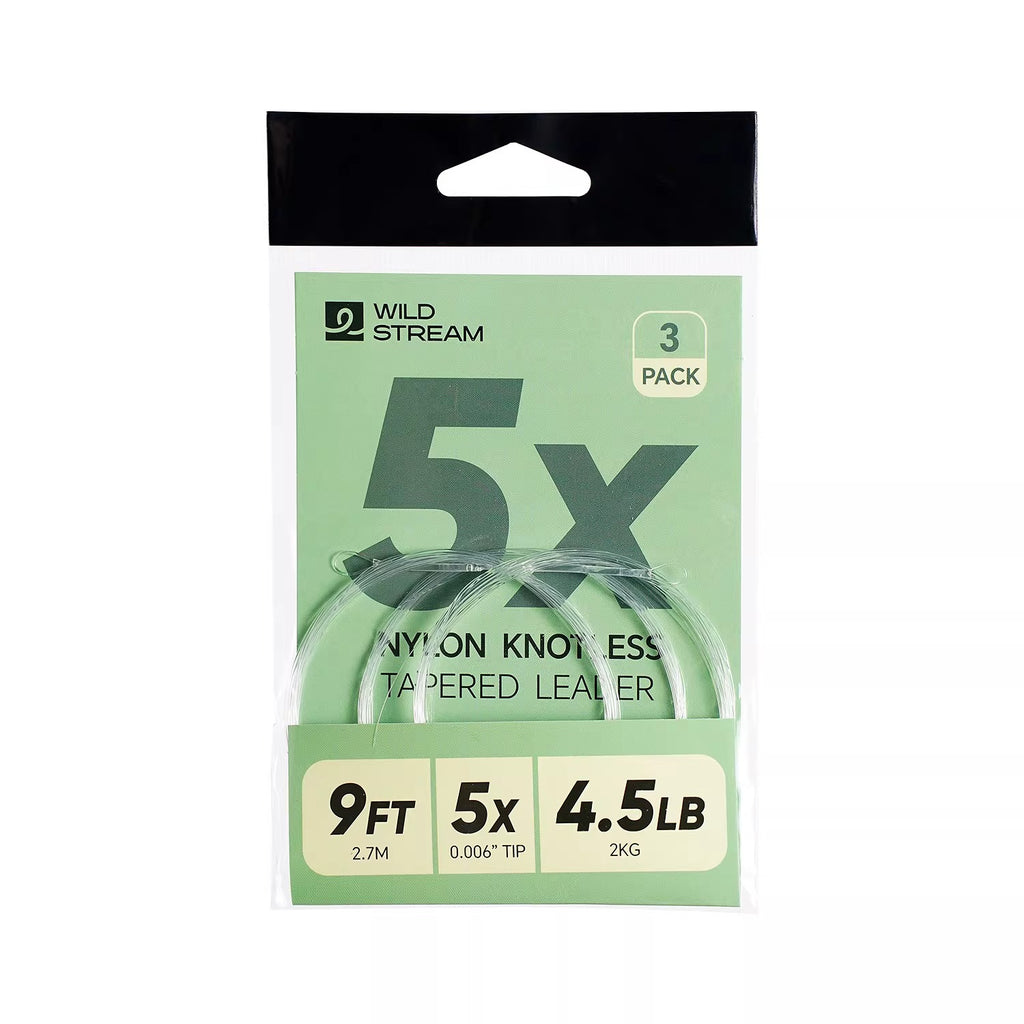 WILDSTREAM 9FT Fly Fishing Tapered Leader 3-Pack Knotless Nylon Pre-Looped 3X 4X 5X - Angle View | ZHUSROD