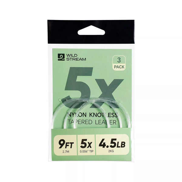 WILDSTREAM 9FT Fly Fishing Tapered Leader 3-Pack Knotless Nylon Pre-Looped 3X 4X 5X - Angle View | ZHUSROD