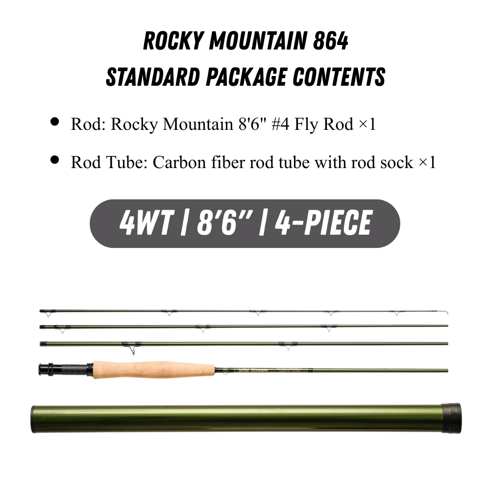 WILDSTREAM Rocky Mountain Fly Fishing Rod, 4-Piece Medium-Fast Action Fly Rod, 24T/30T Carbon Fiber Blank with PacBay Snake Guides & 3A Cork Handle (7ft-10ft, 3wt-12wt)