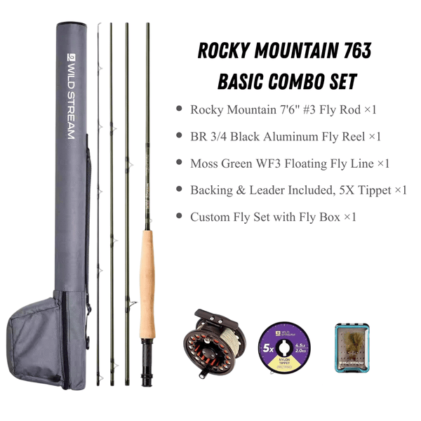 WILDSTREAM Rocky Mountain Fly Fishing Rod, 4-Piece Medium-Fast Action Fly Rod, 24T/30T Carbon Fiber Blank with PacBay Snake Guides & 3A Cork Handle (7ft-10ft, 3wt-12wt)