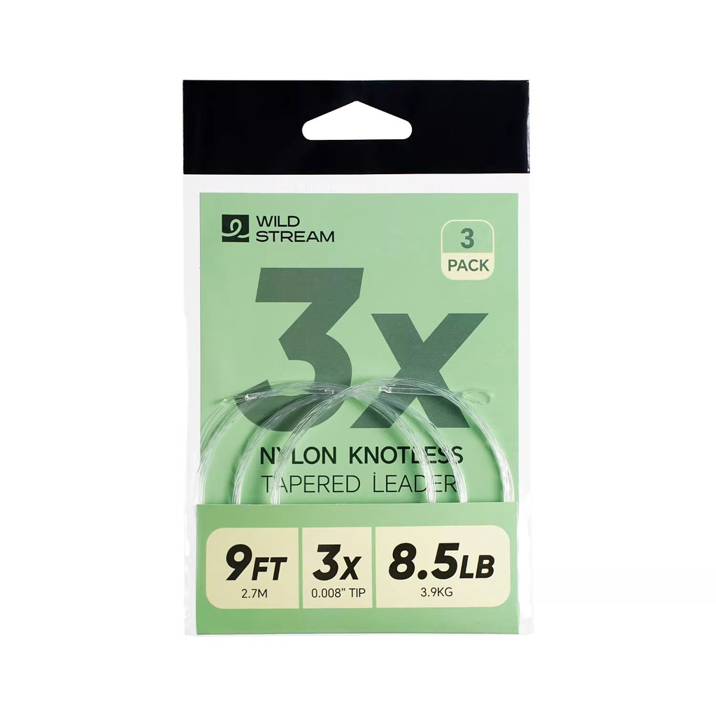 WILDSTREAM 9FT Fly Fishing Tapered Leader 3-Pack Knotless Nylon Pre-Looped 3X 4X 5X - Close-Up | ZHUSROD