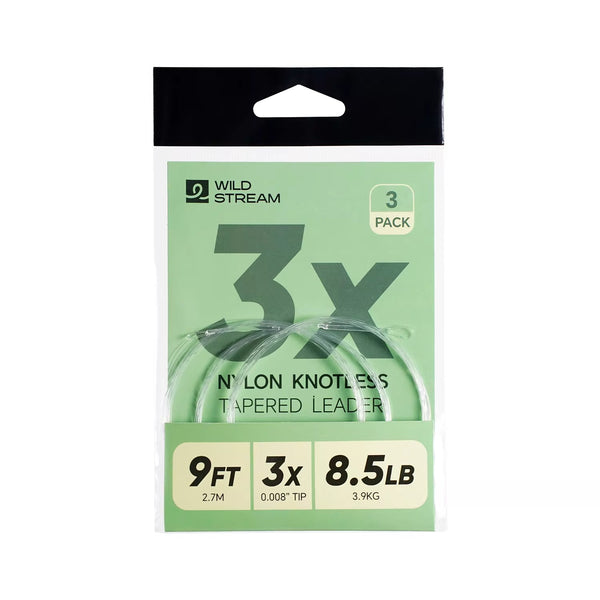 WILDSTREAM 9FT Fly Fishing Tapered Leader 3-Pack Knotless Nylon Pre-Looped 3X 4X 5X - Close-Up | ZHUSROD