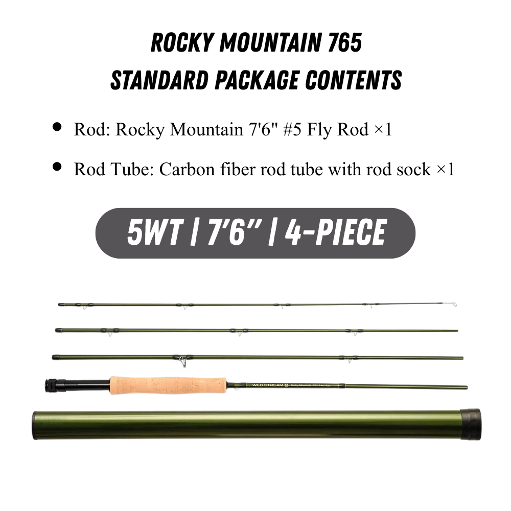 WILDSTREAM Rocky Mountain Fly Fishing Rod, 4-Piece Medium-Fast Action Fly Rod, 24T/30T Carbon Fiber Blank with PacBay Snake Guides & 3A Cork Handle (7ft-10ft, 3wt-12wt)