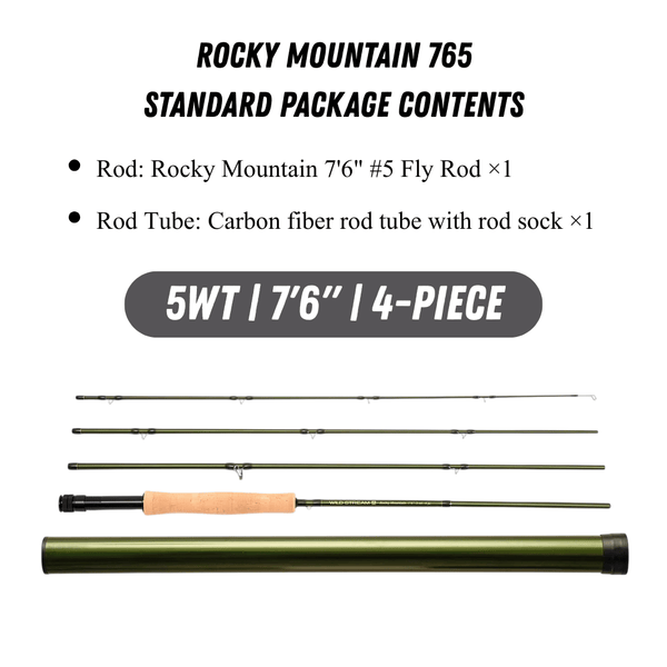 WILDSTREAM Rocky Mountain Fly Fishing Rod, 4-Piece Medium-Fast Action Fly Rod, 24T/30T Carbon Fiber Blank with PacBay Snake Guides & 3A Cork Handle (7ft-10ft, 3wt-12wt)
