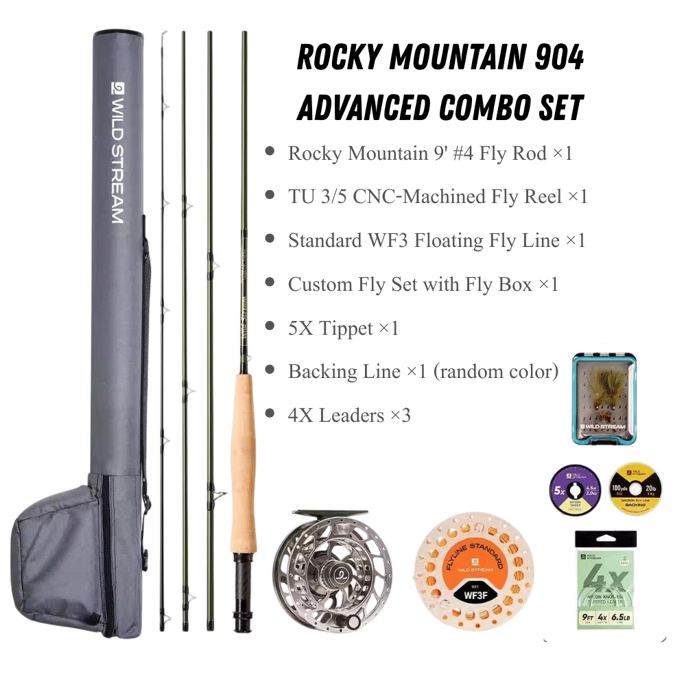 WILDSTREAM Rocky Mountain Fly Fishing Rod, 4-Piece Medium-Fast Action Fly Rod, 24T/30T Carbon Fiber Blank with PacBay Snake Guides & 3A Cork Handle (7ft-10ft, 3wt-12wt)
