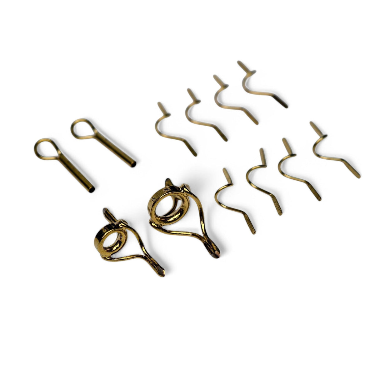 ZHUSROD gold fly rod guide set with snake guides and tip tops, angled overview; pictured G7 stripping guides are not included in the base set