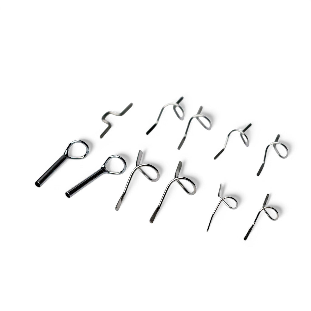 ZHUSROD silver fly rod guide set with snake guides, tip tops and hook holder, angled overview