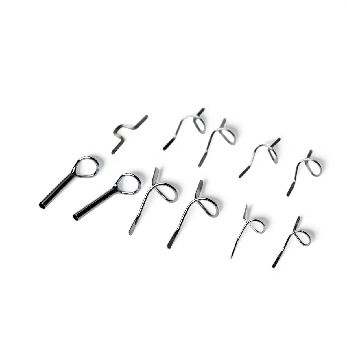 ZHUSROD silver fly rod guide set with snake guides, tip tops and hook holder, angled overview