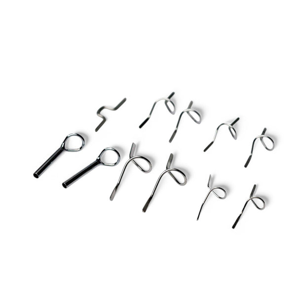 ZHUSROD silver fly rod guide set with snake guides, tip tops and hook holder, angled overview