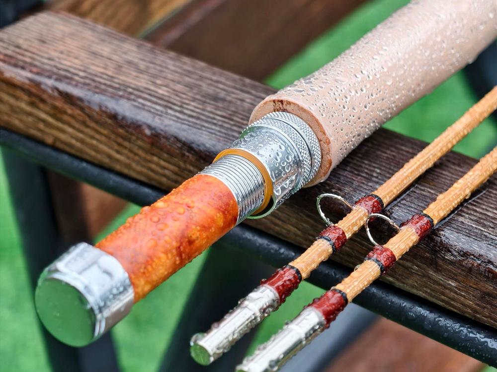 Cork grip, reel seat and bamboo-section details from a finished ZHUSROD rod.